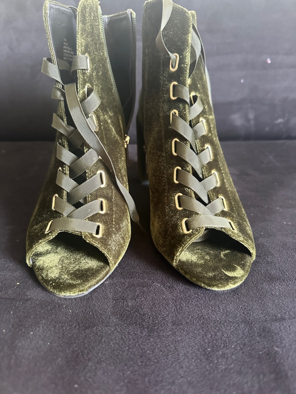 Kenneth Cole Reaction Olive Green Velvet Lace-Up Peep Toe Heels